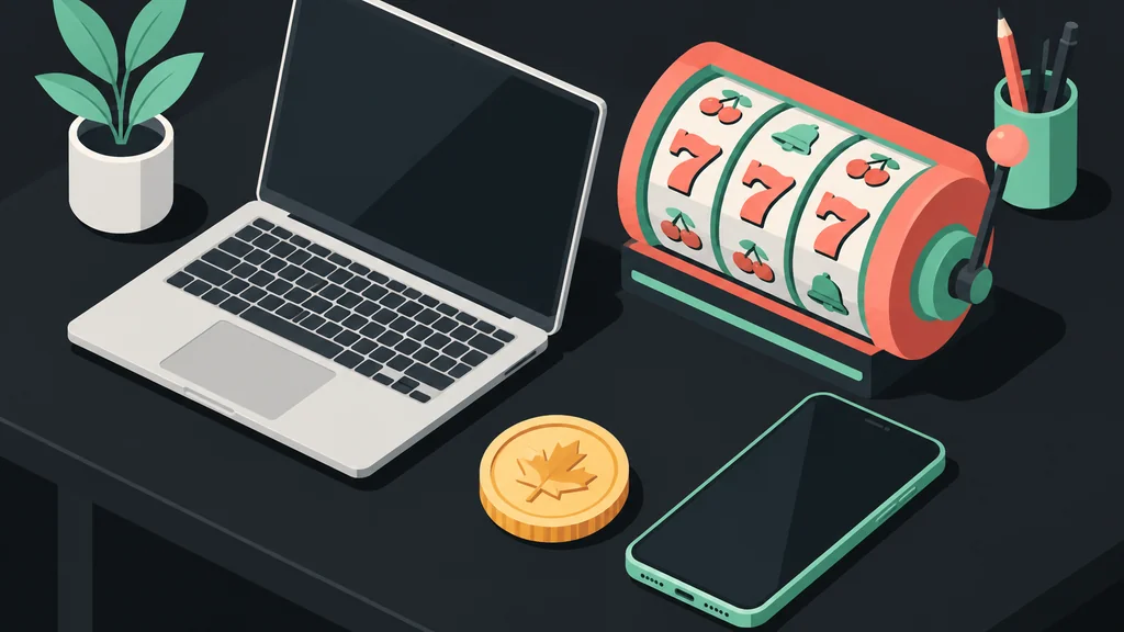 Isometric scene with laptop, smartphone, coin and slot reel