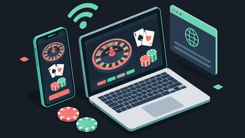 Isometric phone and laptop showing casino games side by side