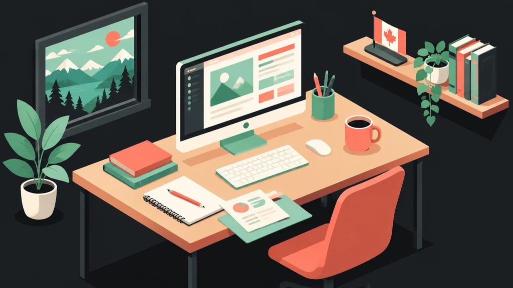 Isometric desk scene with the Canadian editorial team tools