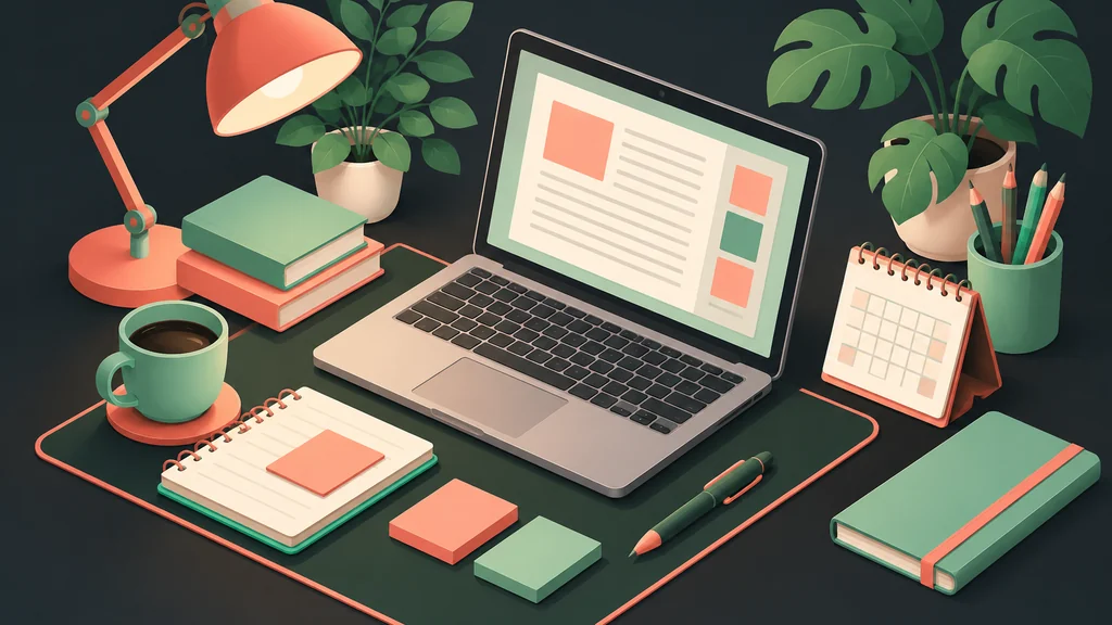 Isometric editorial desk with laptop and calendar