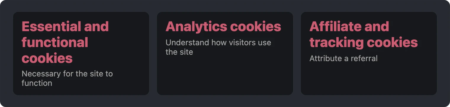 Three tiles listing cookie types with short labels