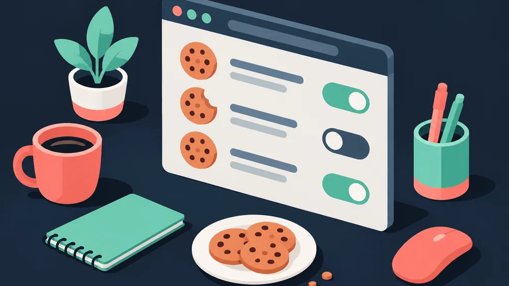 Isometric browser with cookie icons and toggles