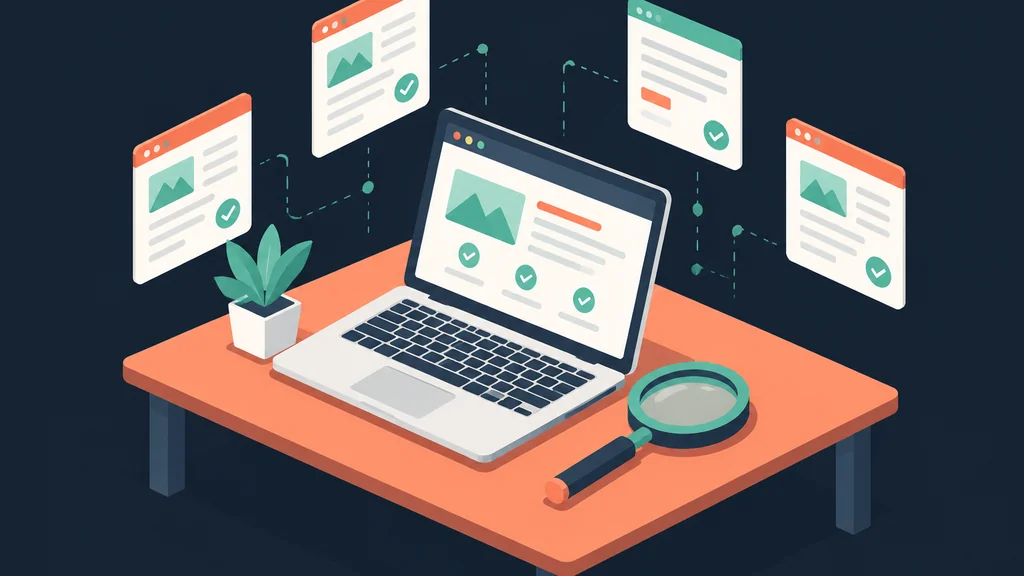 Isometric desk with laptop and magnifying glass for review