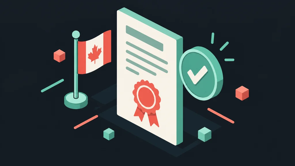 Flat isometric verified licence document with seal and Canadian flag