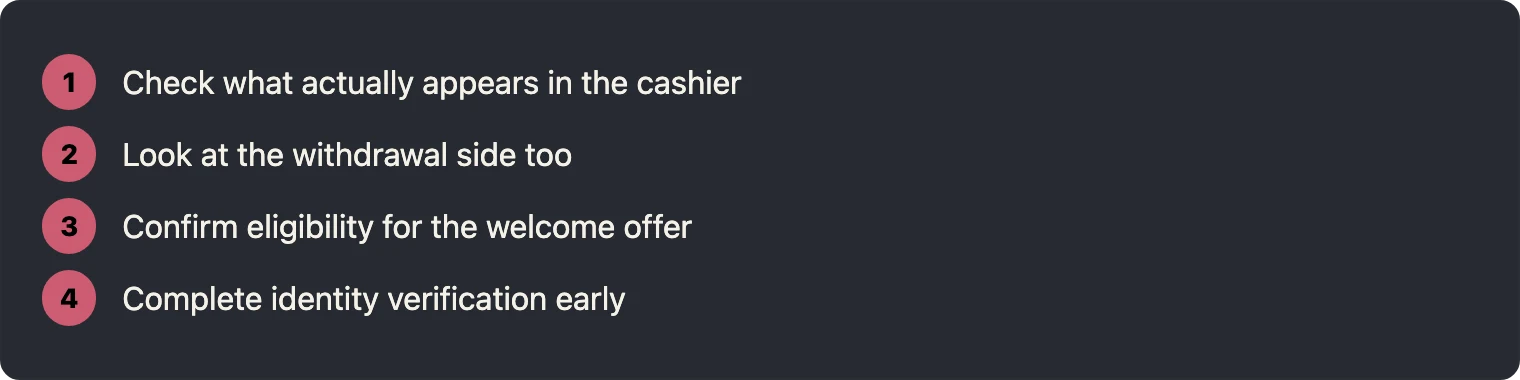 Steps for choosing a payment method at the casino
